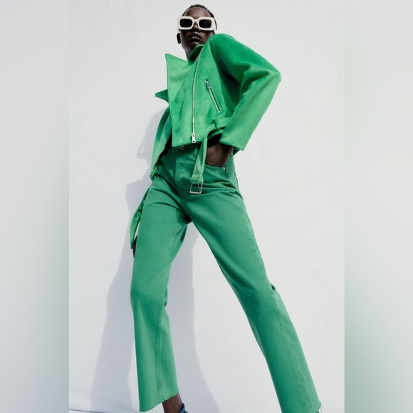 ZARA ~ ZARA GREEN FAUX SUEDE BIKE JACKET WITH Zippers And Belt - Picture 6 of 14